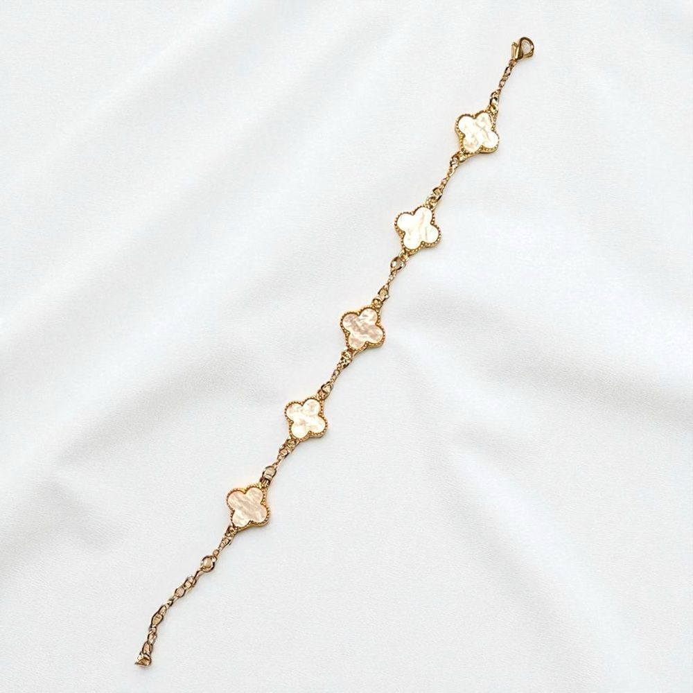 Designer Inspired Elegant White Clover Gold Tone Bracelet